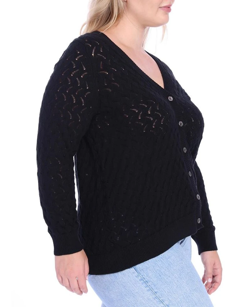 Plus Cotton V-Neck Pointelle Cardigan