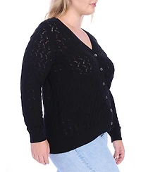 Plus Cotton V-Neck Pointelle Cardigan