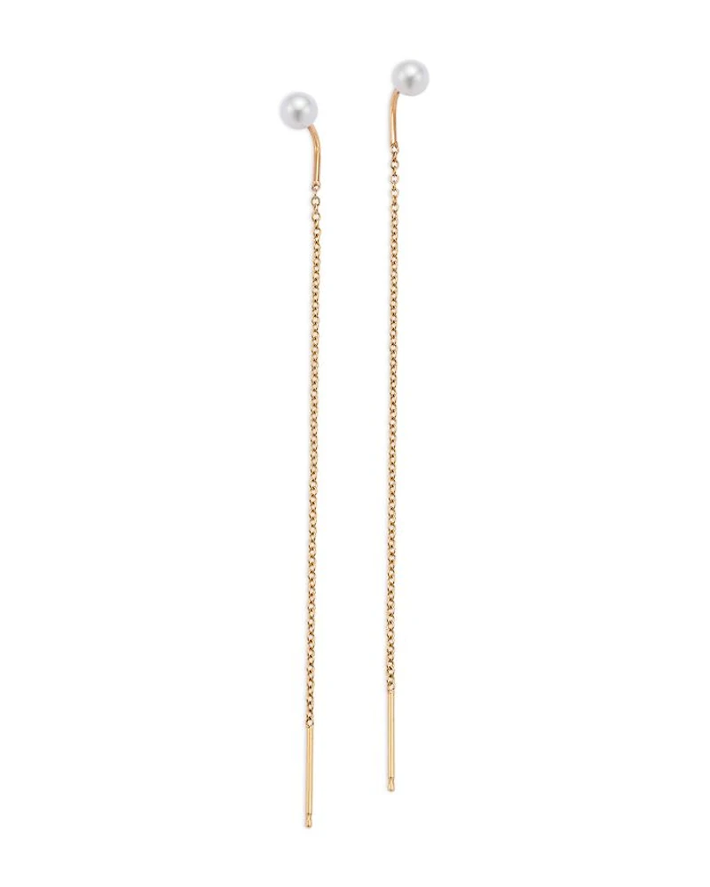 14K Yellow Gold Cultured Freshwater Pearl Long Chain Threader Earrings