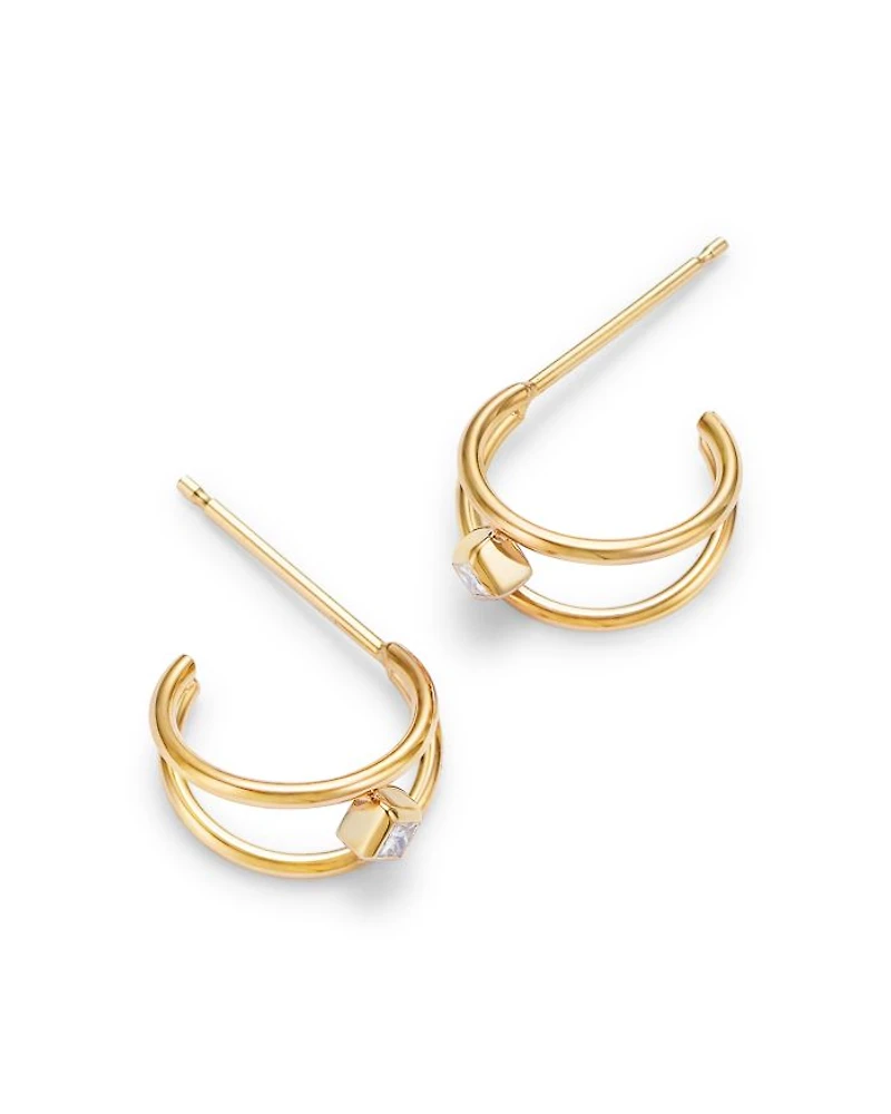 14K Yellow Gold Princess Diamonds Double Wire Huggie Hoop Earrings