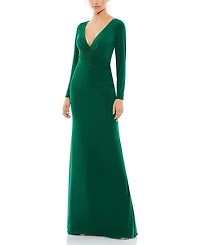 Mac Duggal Long Sleeve Ruched Jersey V-Neck Gown