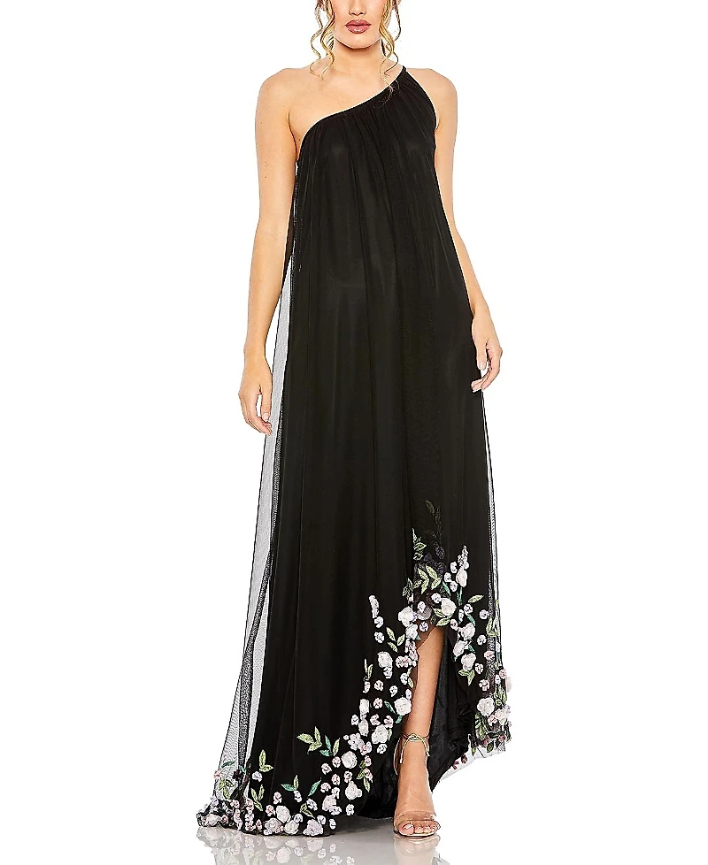 Mac Duggal One Shoulder Trapeze Embellished High Low Gown