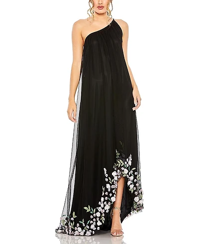 Mac Duggal One Shoulder Trapeze Embellished High Low Gown