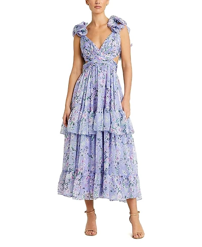 Mac Duggal Ruffle Tiered Cut-Out Floral Chiffon Dress