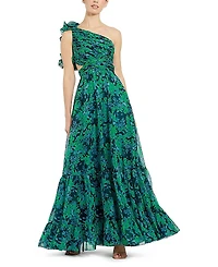 Mac Duggal One Shoulder Ruffle Tiered Cut-Out Chiffon Gown