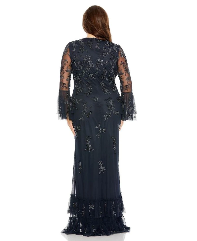 Plus V Neck Embellished Flutter Tiered Long Sleeve  Gown