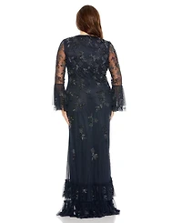 Plus V Neck Embellished Flutter Tiered Long Sleeve  Gown