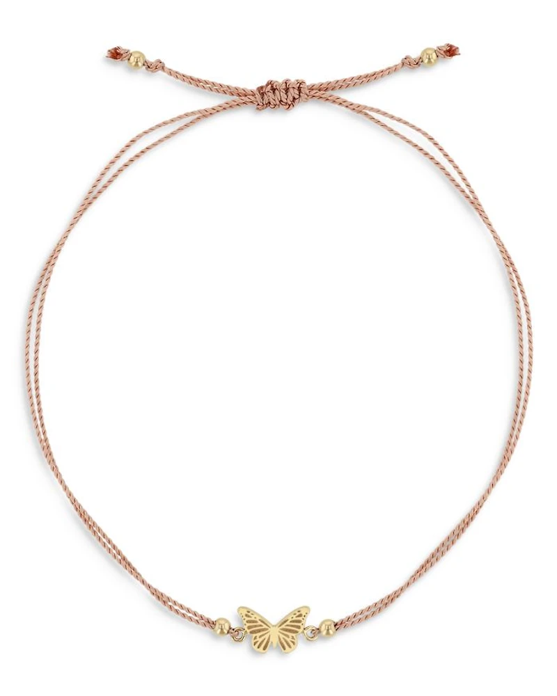 14K Yellow Gold Midi Bitty Butterfly Light Pink Cord Bracelet