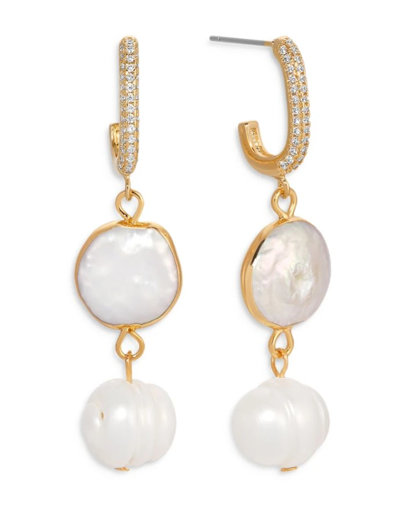 Cultured Freshwater Pearl & Cubic Zirconia Double Drop Earrings