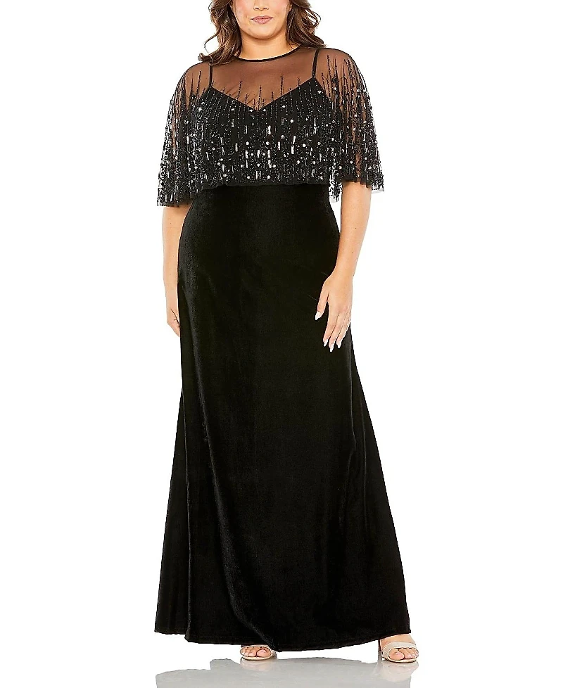 Mac Duggal Plus Embellished Cape Sleeveless Velvet Gown