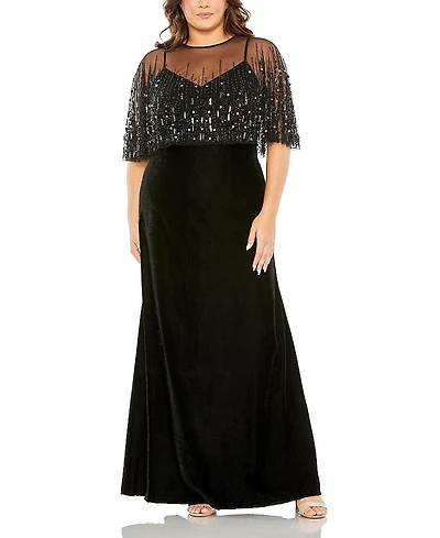 Mac Duggal Plus Embellished Cape Sleeveless Velvet Gown
