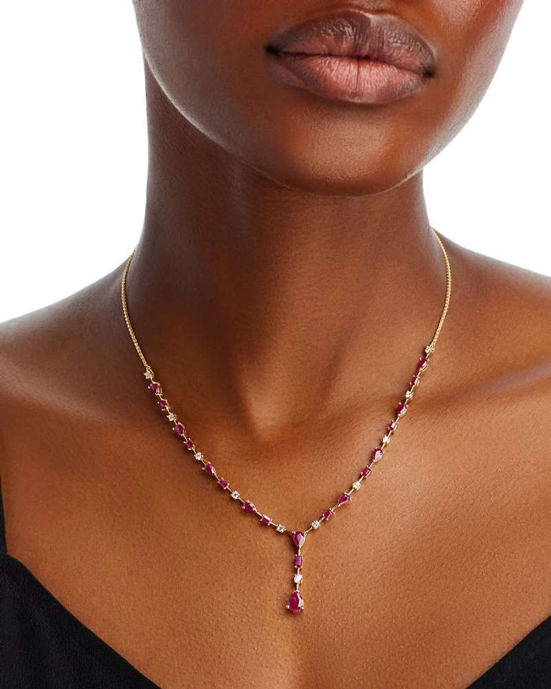Ruby & Diamond Y Necklace in 14K Yellow Gold, 18"