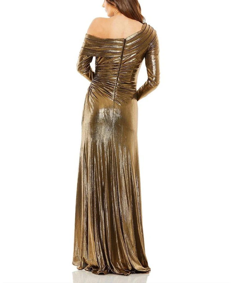 Long Sleeve Off the Shoulder Metallic Gown