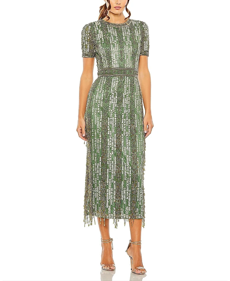 Mac Duggal High Neck Short Sleeve Crystal Fringe Column Dress