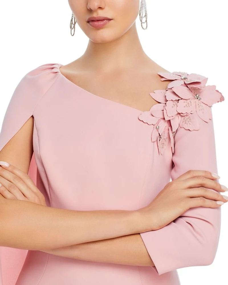 Floral Applique Asymmetric Cape Gown