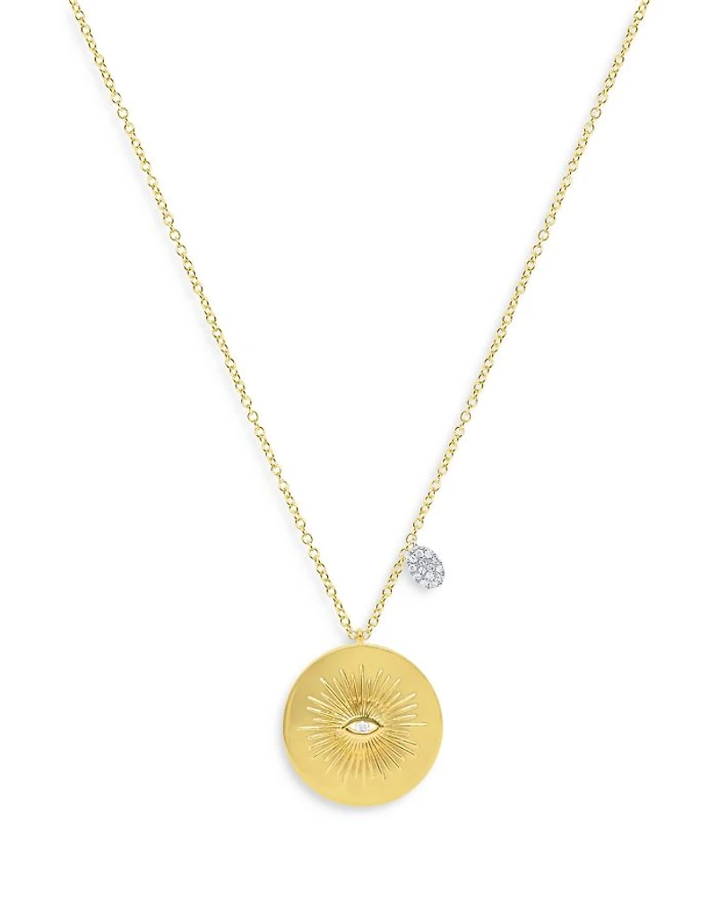 14K White & Yellow Gold Diamond Sunray Evil Eye Disc & Dangle Accent Pendant Necklace, 18-20"
