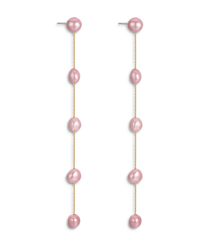Pink Cultured Freshwater Pearl Linear Drop Earrings in 18K Gold Plated