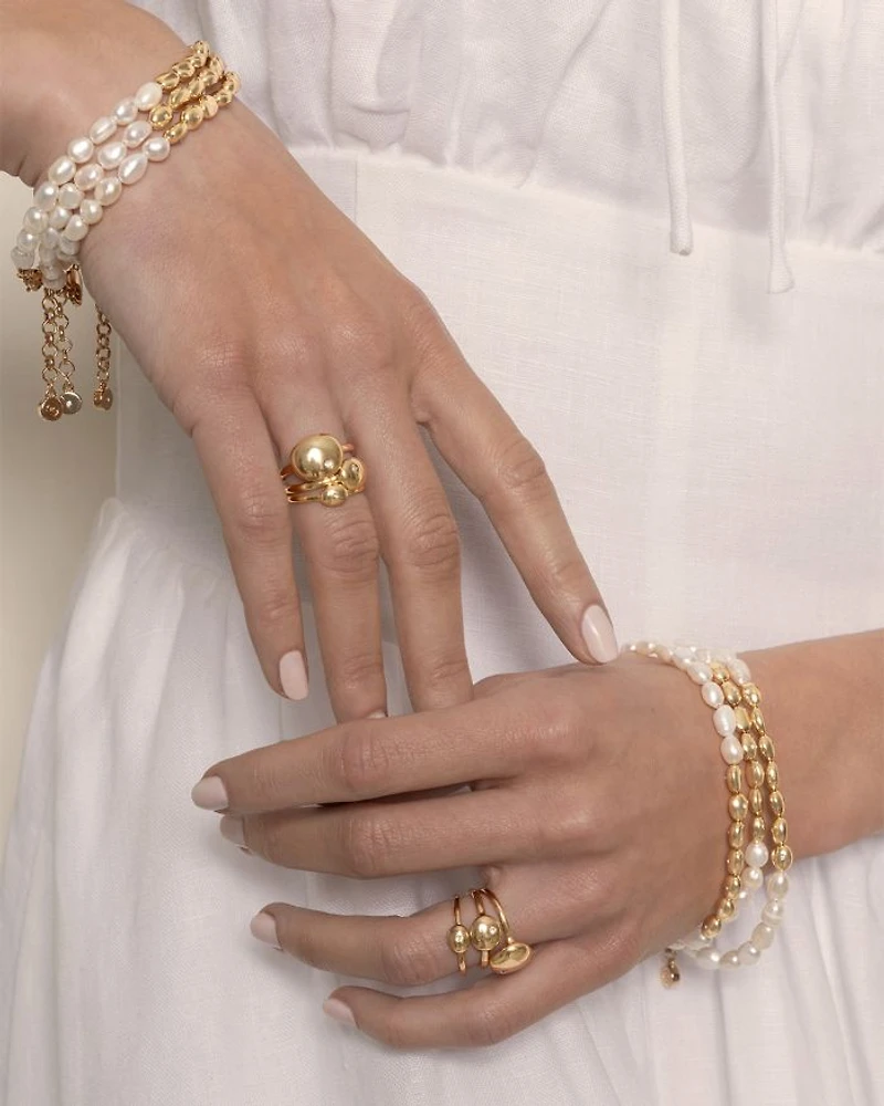 Pavé & Cultured Freshwater Pearl Polished Pebble Beaded Bracelet in 18K Gold Plated
