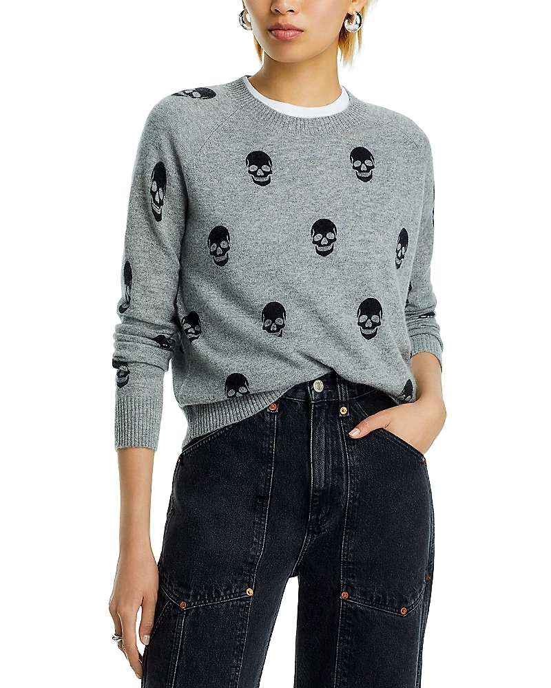 Aqua 100% Cashmere Skull Print Crewneck Sweater - Exclusive