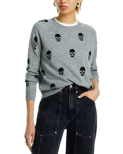 Aqua 100% Cashmere Skull Print Crewneck Sweater - Exclusive