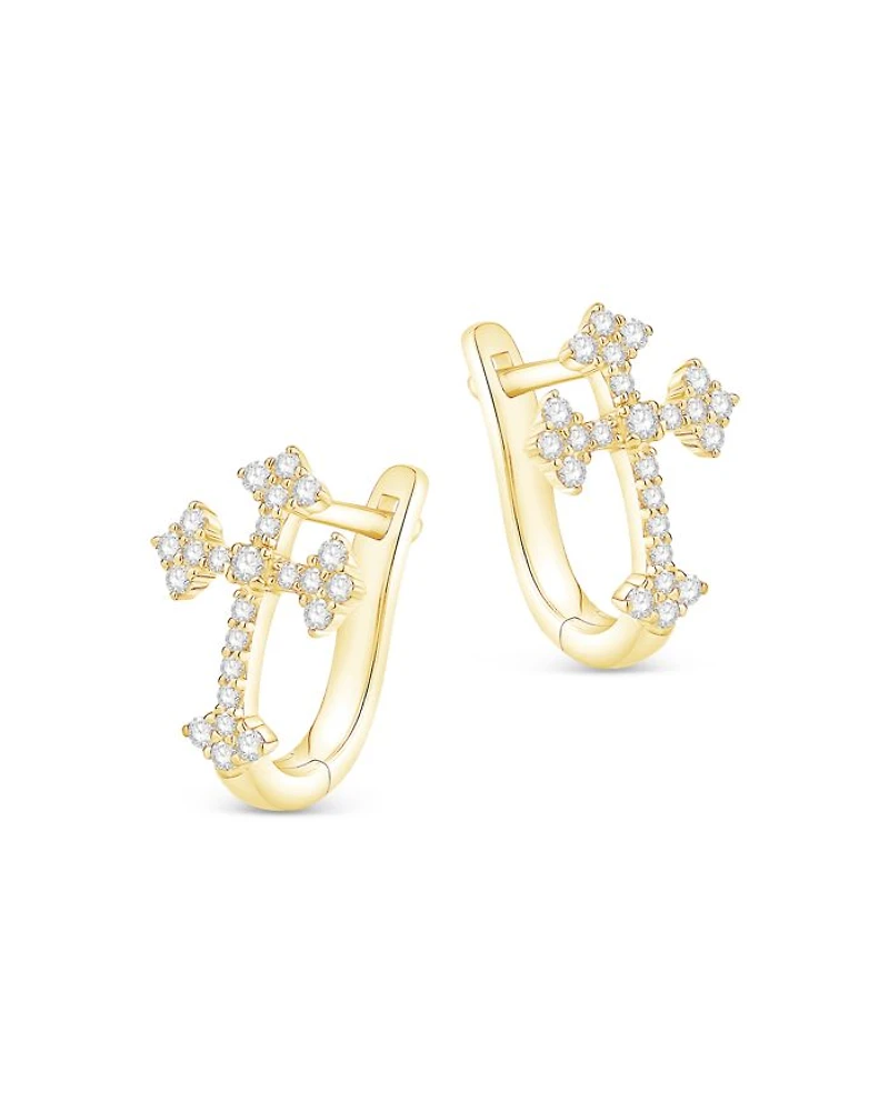 Diamond Cross Hoop Earrings in 14K Yellow Gold, 0.25 tcw