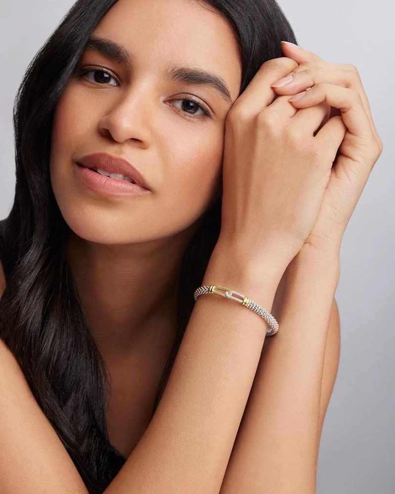 18K Yellow Gold & Sterling Silver Caviar Lux Diamond Interlocking Loop Bead Clip Bracelet - Exclusive