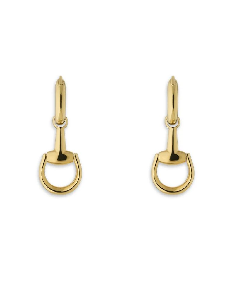 18K Yellow Gold Horsebit Dangle Hoop Drop Earrings
