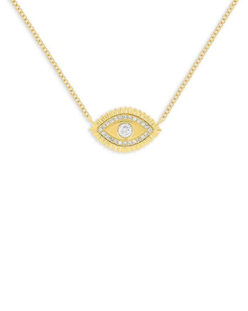 14K Yellow Gold Evil Eye Protection Necklace with Diamonds, 0.16 tcw