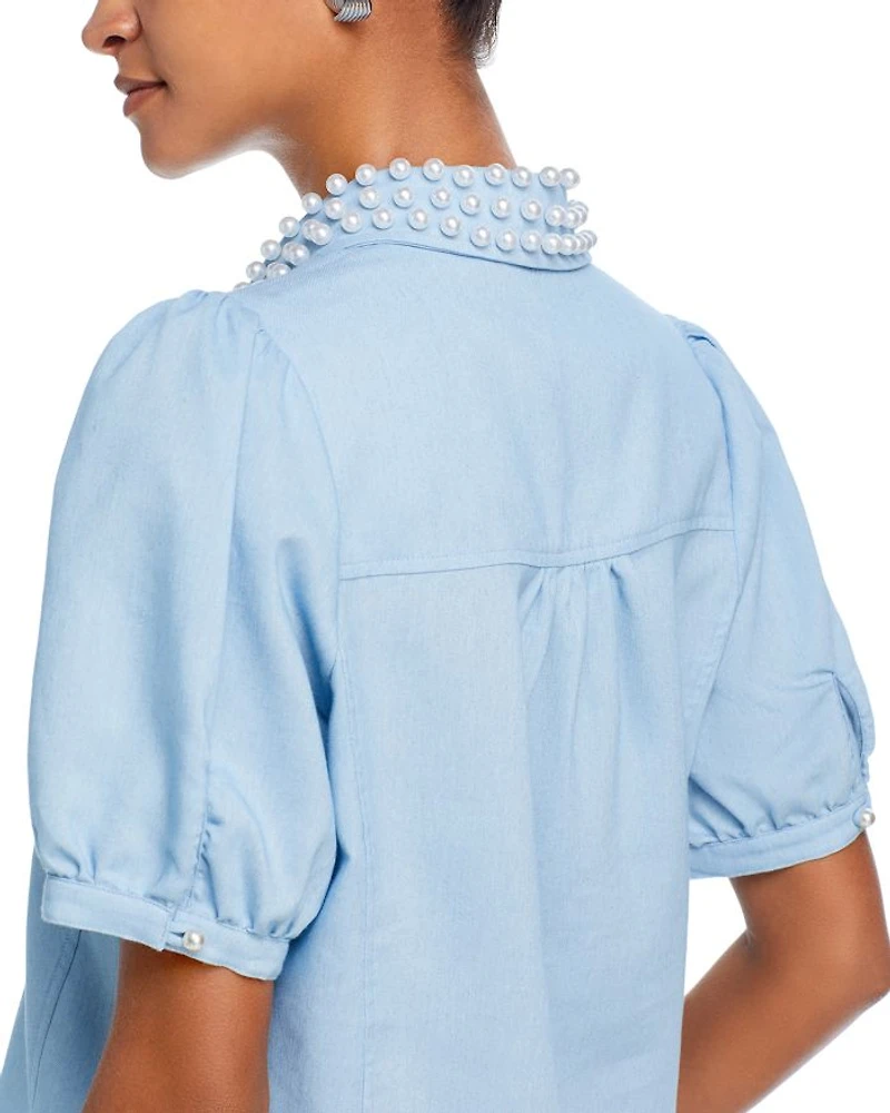 Faux Pearl Embellished Collar Top - Exclusive