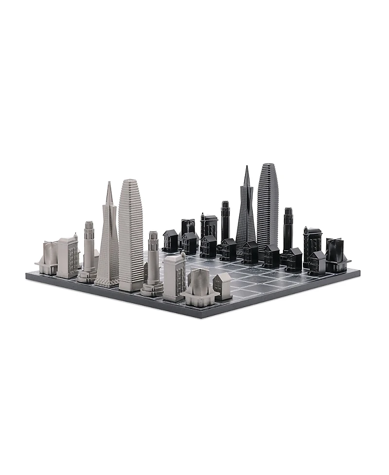 Skyline Chess - Chess Set Stainless Steel San Francisco with Wood Map Board, Ages 14+