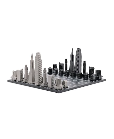 Skyline Chess - Chess Set Stainless Steel San Francisco with Wood Map Board, Ages 14+