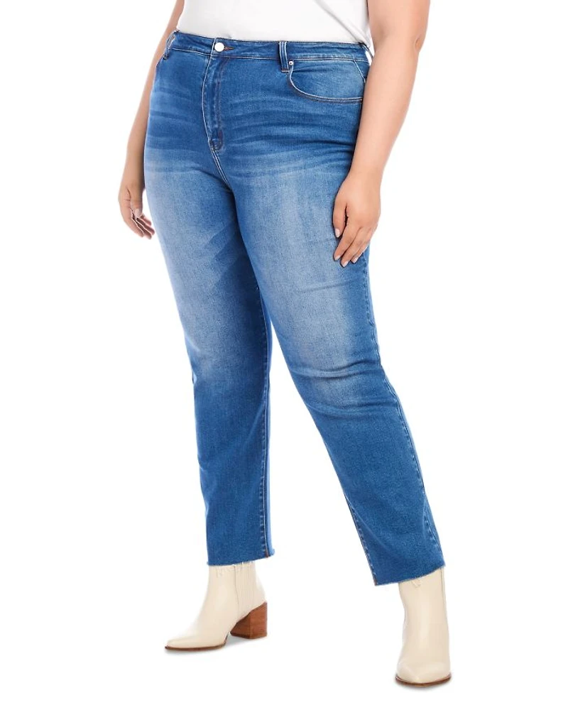 Plus High Rise Raw Hem Straight Jeans Denim