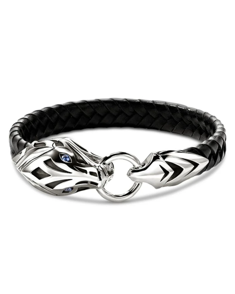 Sterling Silver Naga Blue Sapphire Snake Braided Black Leather Bracelet