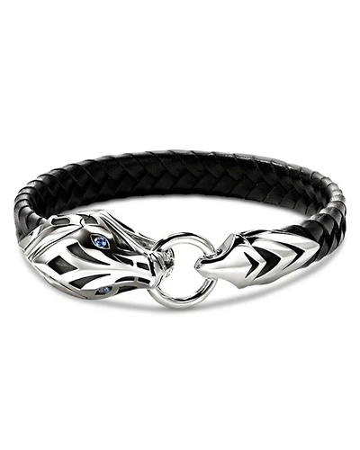 Sterling Silver Naga Blue Sapphire Snake Braided Black Leather Bracelet
