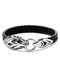 Sterling Silver Naga Blue Sapphire Snake Braided Black Leather Bracelet