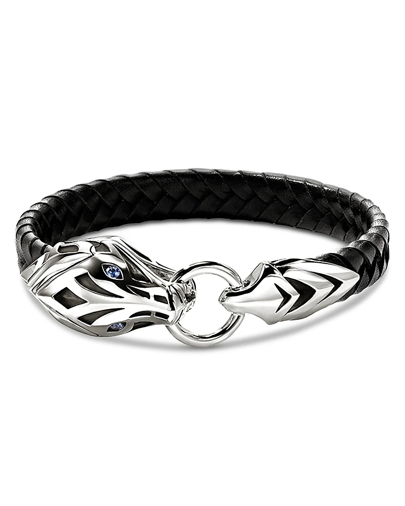 John Hardy Sterling Silver Naga Blue Sapphire Snake Braided Black Leather Bracelet