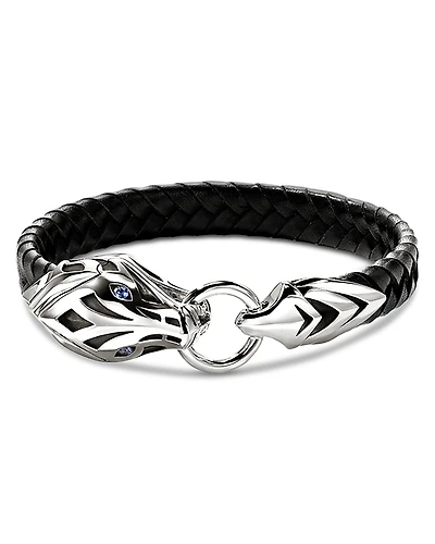 John Hardy Sterling Silver Naga Blue Sapphire Snake Braided Black Leather Bracelet