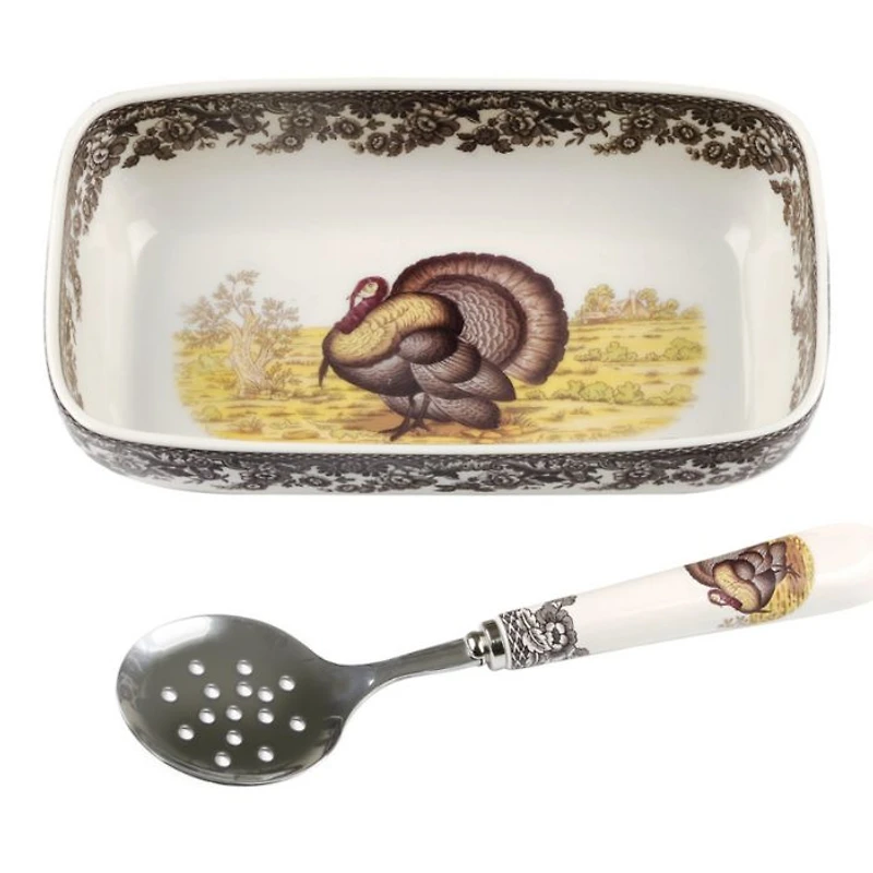 Woodland Turkey Cranberry Dish & Slotted Spoon
