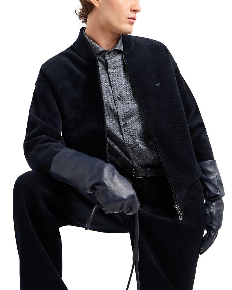Cotton Blend Velour Ribbed Regular Fit Bomber Jacket
