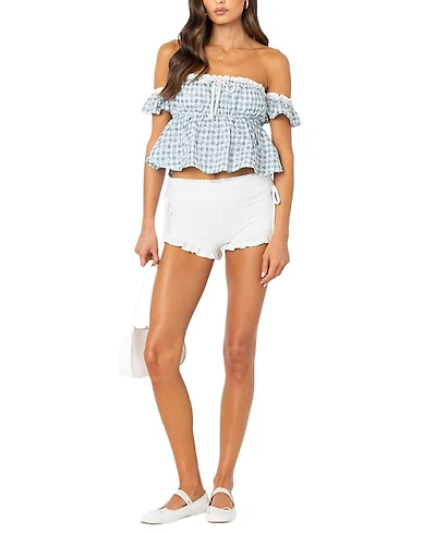 Edikted Lacey Ruffle Trim Fold Over Shorts