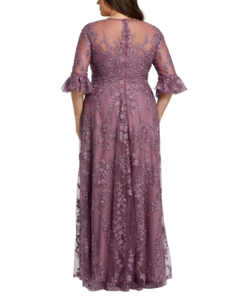 High Neck Flutter Sleeve Embroidered A Line Gown