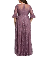 High Neck Flutter Sleeve Embroidered A Line Gown