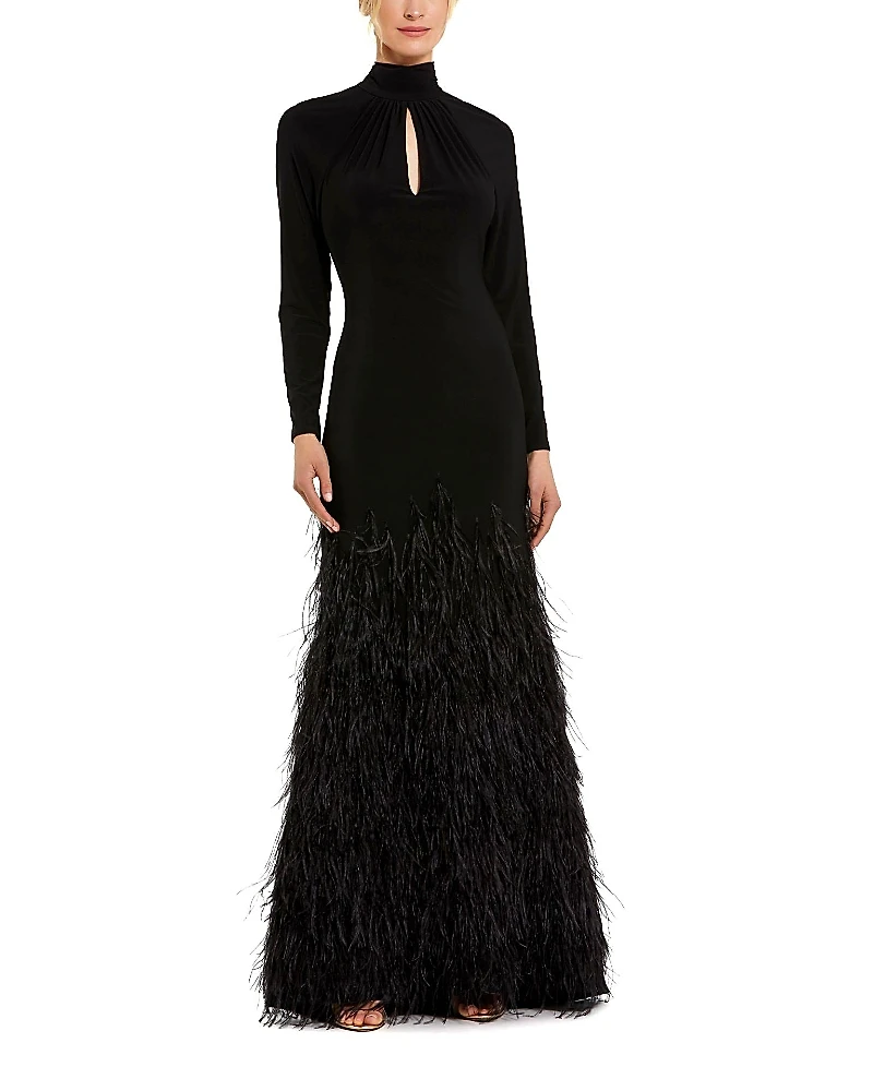 Mac Duggal Jersey Long Sleeve High Neck Keyhole Cutout Feather Detail Gown