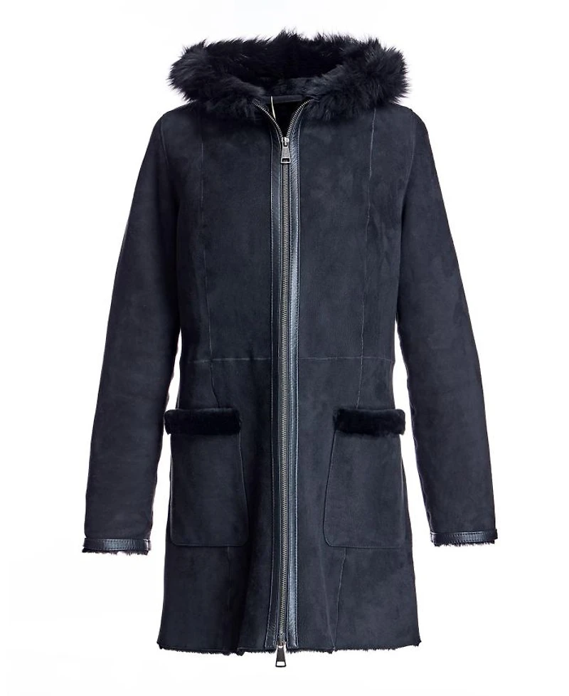 Hooded Shearling Lamb Jacket with Zipper