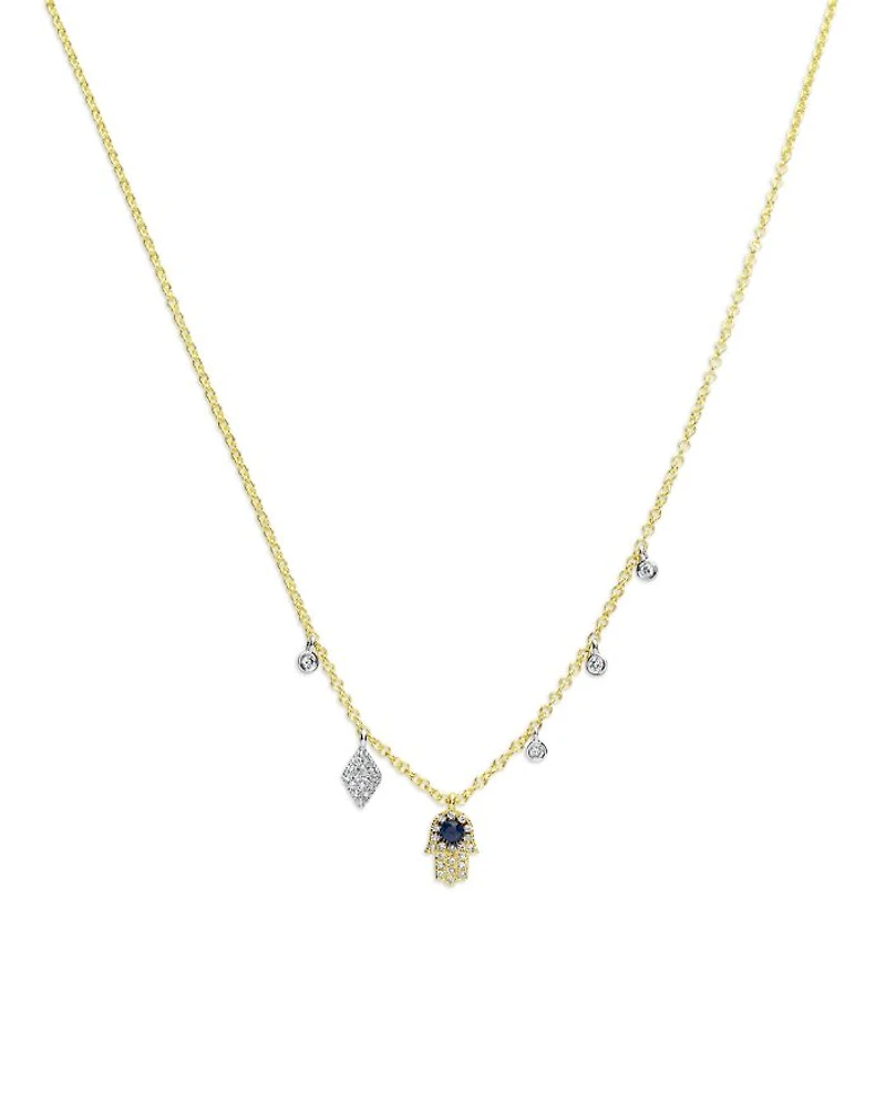 14K White & Yellow Gold Blue Sapphire & Diamond Dangle Hamsa Hand Pendant Necklace, 18-20"