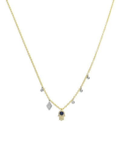 14K White & Yellow Gold Blue Sapphire & Diamond Dangle Hamsa Hand Pendant Necklace, 18-20"