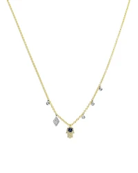 14K White & Yellow Gold Blue Sapphire & Diamond Dangle Hamsa Hand Pendant Necklace, 18-20"