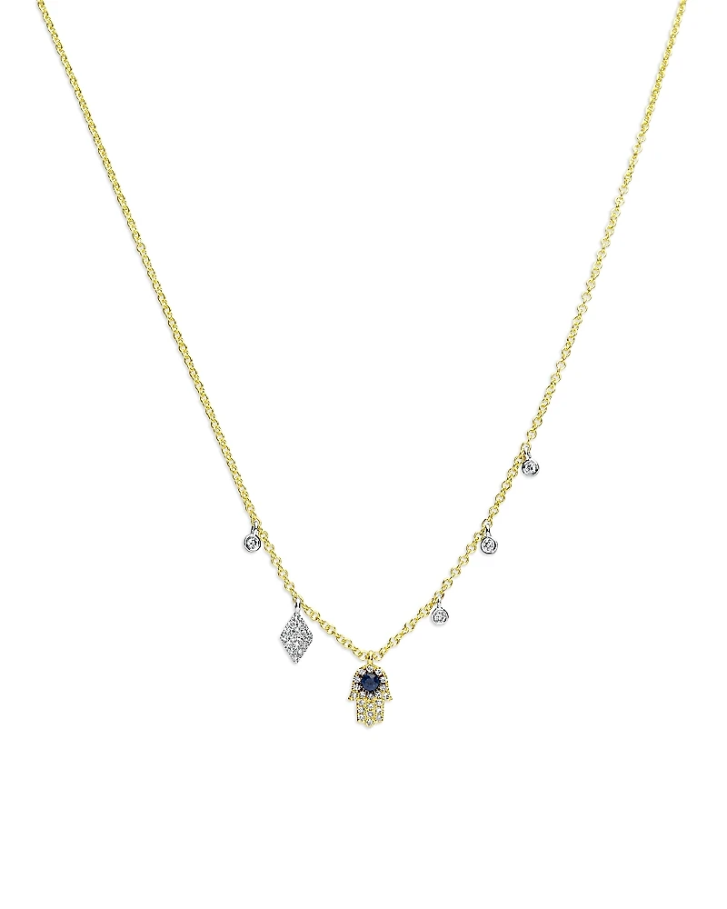 Meira T 14K White & Yellow Gold Blue Sapphire & Diamond Dangle Hamsa Hand Pendant Necklace, 18-20