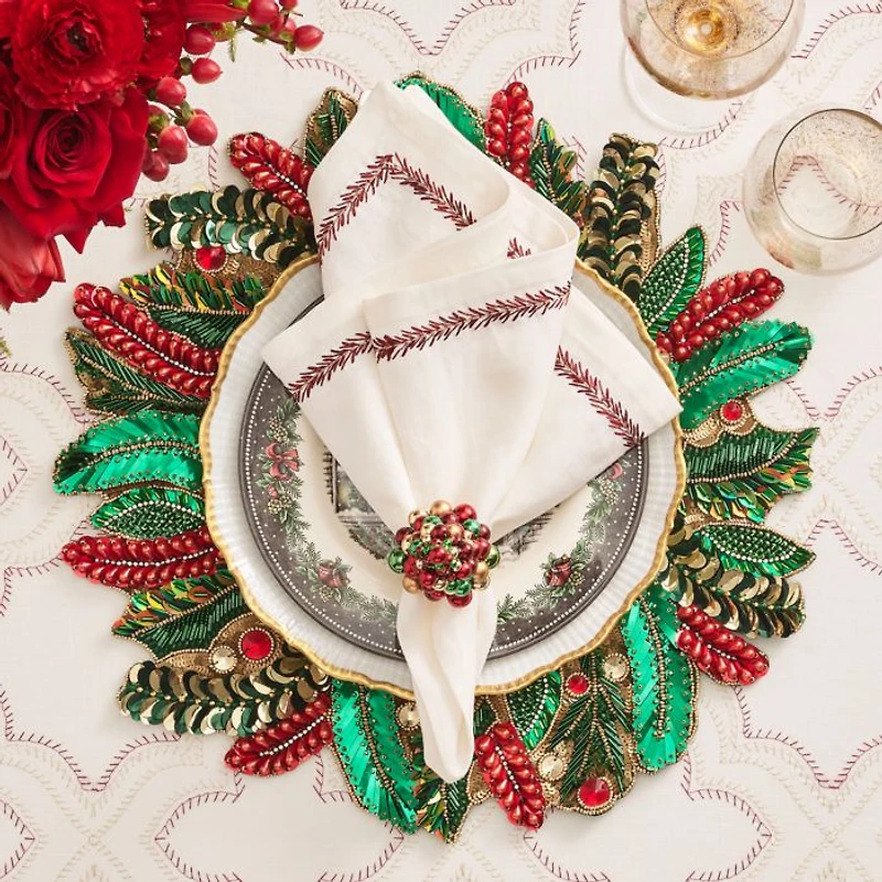 Holly and Sprig Placemat in Green, Red & Gold Tones