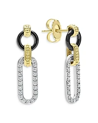 18K Gold Signature Caviar Diamond & Black Ceramic Link Drop Earrings